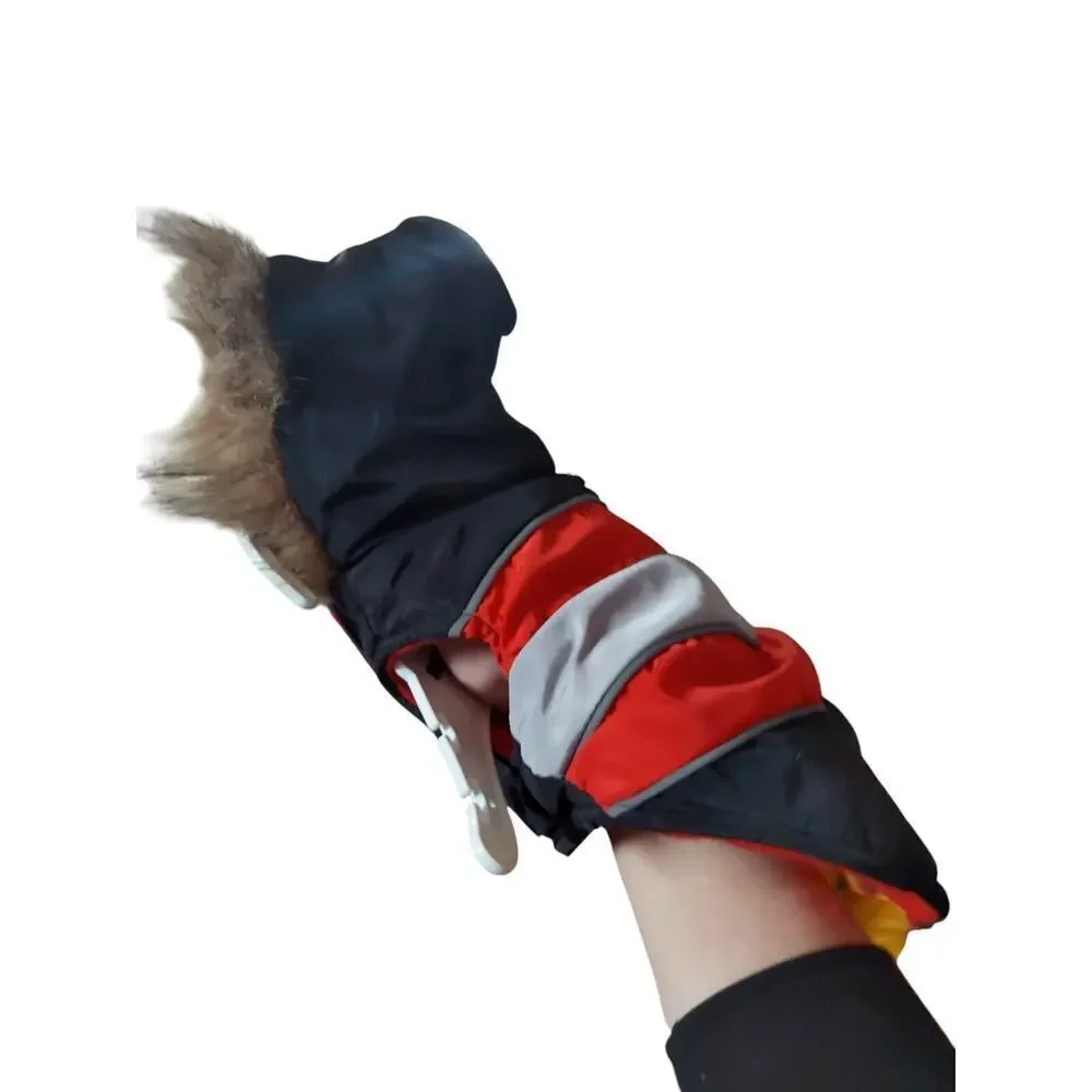 FASHION PET Diagonal Stripe Puffy Coat Red Gray Black XS With Faux Fur